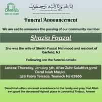 <p>Funeral announcement for Shazia Faazal of Garfield</p>