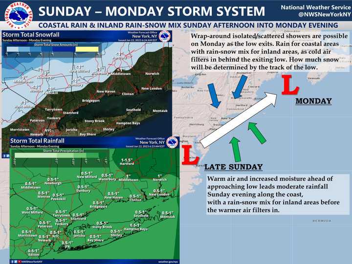 Areas expected to see a trace or more of snow are shown in the upper left image.