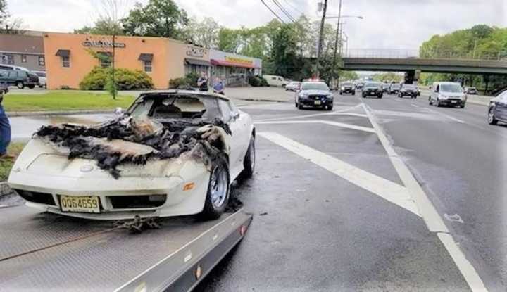 The &#x27;vette burst into flames just south of Ridgewood Avenue on Route 17.