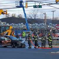 <p>A Dodge Neon caught fire after colliding with a Toyota Camry at the northbound Route 17 jughandle across from the White Castle in Hasbrouck Heights shortly after 4 p.m. Tuesday, March 4.</p>