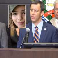 <p>Monmouth County Prosecutor Christopher J. Gramiccioni with Edward Parze at news conference. INSET: Stephanie Parze</p>