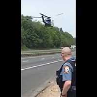 <p>The Northstar helicopter takes off from Route 287 in Mahwah with the critically injured victim, headed for St. Joseph's University Hospital in Paterson on Saturday, May 13.</p>
