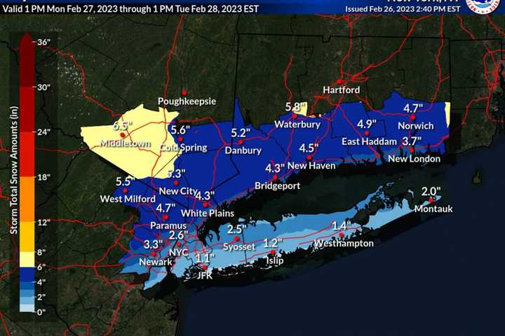 Updated Snowfall Projections For New London County From Approaching Winter Storm