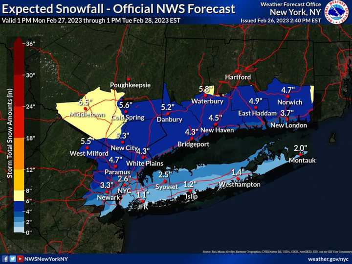 These are the latest snowfall projections for the early-week storm released by the National Weather Service early Sunday evening, Feb. 26.