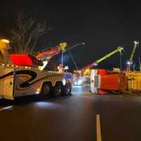 <p>Heavy wreckers were needed to right the rig off Route 46 in Ridgefield Park.</p>