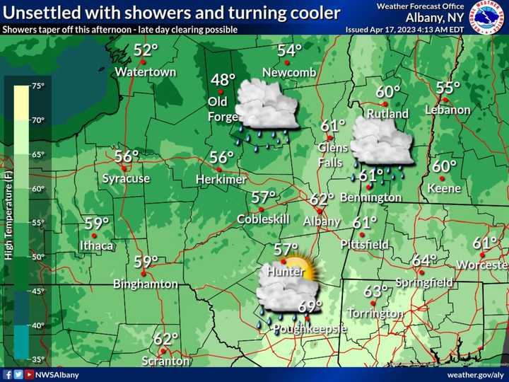 An approaching cold front will bring occasional showers to the region through early afternoon on Monday, April 17, according to the National Weather Service.