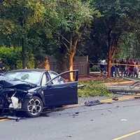 <p>The Chevy Malibu toppled the pole on Prospect Avenue in Hackensack shortly before 7 p.m. Monday, June 5.</p>