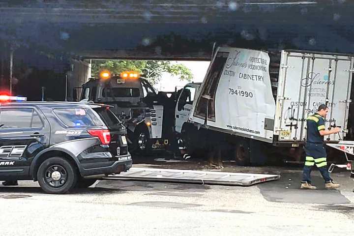 Box Truck Being Towed Tips Beneath Route 80 Overpass