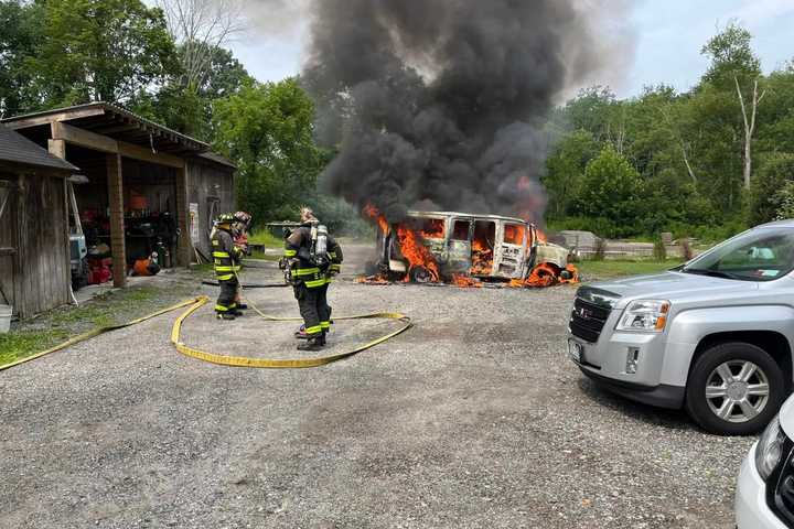 Van Fire Rages Next To Building: Smoke Seen Mile Away In Somers