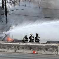 <p>The cab burst into flames after hitting the utility pole on southbound Route 17 in Paramus.</p>