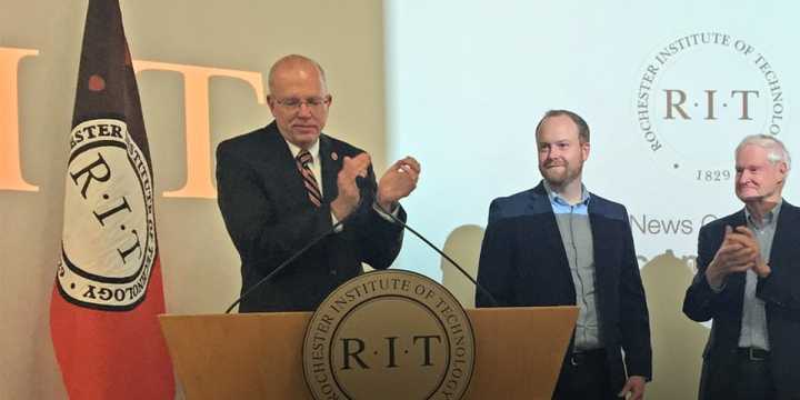 Austin McChord, center, founder and CEO of Norwalk-based Datto, announces a $50 million donation to his alma mater, the Rochester Institute of Technology.