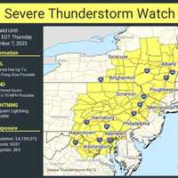 <p>Areas in yellow are covered by the watch, which is in effect until 9 p.m. Thursday, Sept. 9.</p>