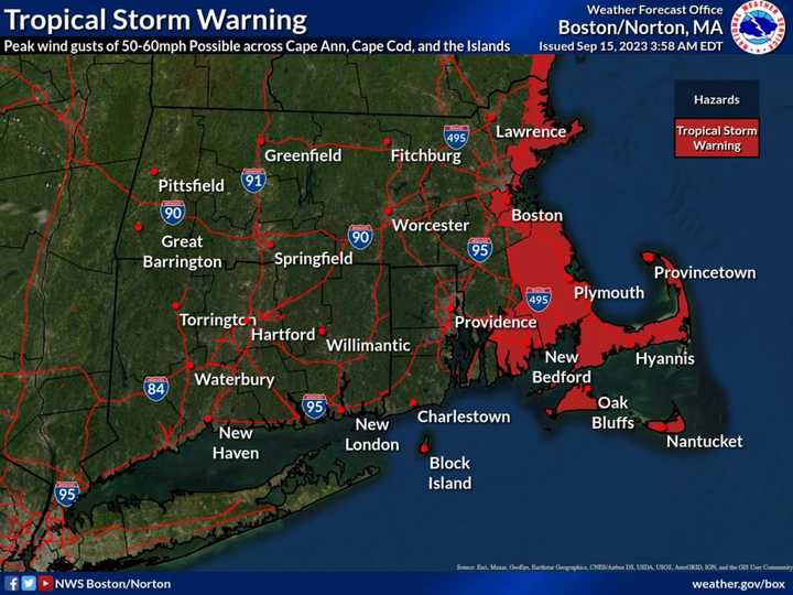 The above map by the National Weather Service shows areas with a Tropical Storm Warning in red.