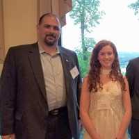 <p>Chris Graziano, vice president of SUEZ, with Samantha Oates (Pearl River) and Marc Wolf (Suffern). Each student won a $3,000 SUEZ-NAWC scholarship.</p>