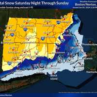 <p>A look at the areas in Connecticut and Massachusetts now expected to see between 8 to 12 inches of snowfall from the storm Saturday night, Jan. 6 into Sunday, Jan. 7 (areas in orange). Elsewhere, between 6-8 inches is expected (yellow).</p>