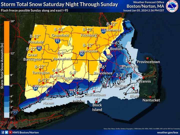 A look at the areas in Connecticut and Massachusetts now expected to see between 8 to 12 inches of snowfall from the storm Saturday night, Jan. 6 into Sunday, Jan. 7 (areas in orange). Elsewhere, between 6-8 inches is expected (yellow).