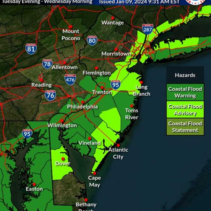 Coastal flood advisories in effect along the Jersey Shore.