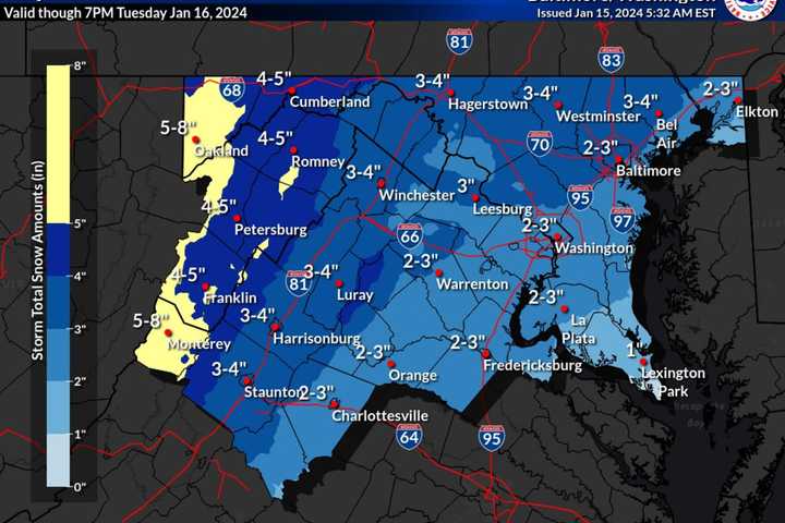 New Forecast Map: Up To 5 Inches Of Snow Expected Across Maryland, Virginia