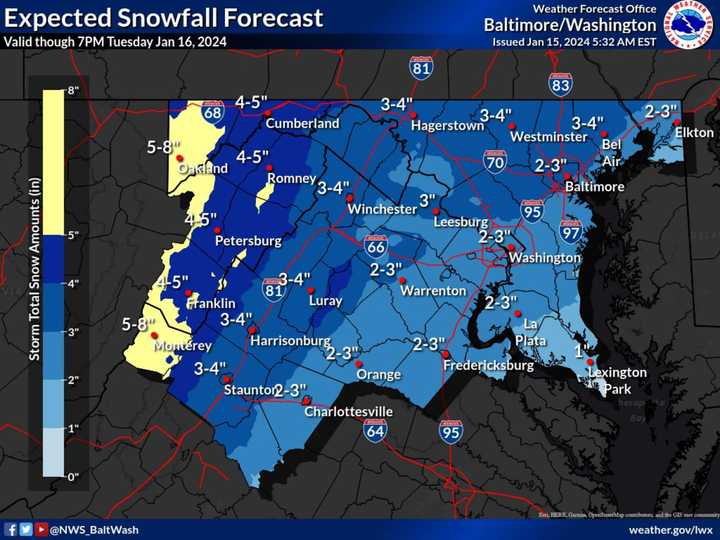 New Forecast Map Up To 5 Inches Of Snow Expected Across Maryland, Virginia Arlington Daily Voice