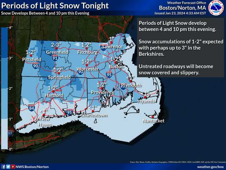 Projected snowfall totals released Tuesday morning, Jan. 23 by the National Weather Service.