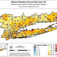 <p>A 72 mph wind gust on Long Island was reported on top of a building in Stony Brook at 159 feet (marked in red) at 12:25 a.m. Thursday, Feb. 29.</p>