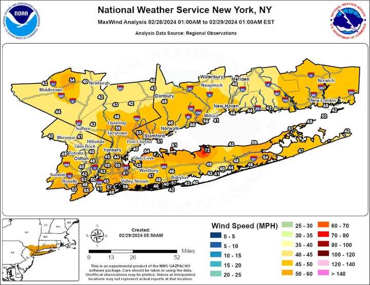 A 72 mph wind gust on Long Island was reported on top of a building in Stony Brook at 159 feet (marked in red) at 12:25 a.m. Thursday, Feb. 29.