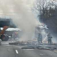 <p>The scene of the tractor-trailer fire in Frederick County.</p>