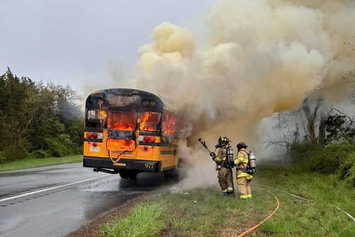 School Bus Carrying Students Bursts Into Flames On Garden State Parkway In Upper Township