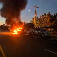 <p>A tractor trailer was engulfed in flames in Finderne.</p>