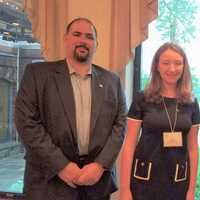 <p>Chris Graziano, vice president of SUEZ with Emma McCormack (Hastings-on-Hudson), and Michael Calano (New Rochelle). Each student won a $3,000 SUEZ-NAWC scholarship.</p>