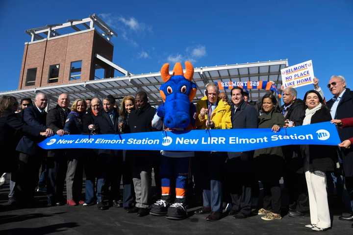 Lt. Gov. Brian Benjamin and Acting MTA Chair and CEO Janno Lieber at the ribbon cutting for the LIRR Elmont station