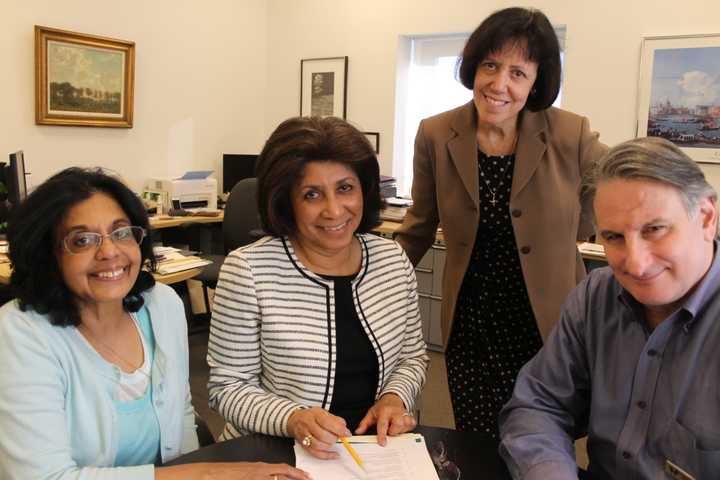 Saras Nair, Wilton Library trustee and series moderator; Elaine Tai-Lauria, executive director of the library; Maura Romaine, director of community rRelations, Western Connecticut Health Network; Michael Bellacosa, Community Engagement Wilton Library