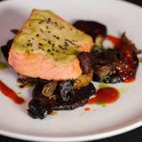 <p>Salmon with ginger, pepper &amp; lemon (Thai basil, brussels and baby carrots) from Ventanas.</p>