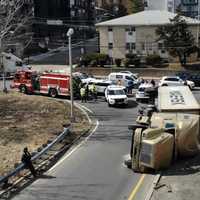 <p>At the scene of the tractor-trailer crash on Polifly Road in Hackensack that closed the ramp to eastbound Route 80.</p>