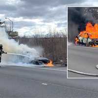 <p>Hackensack firefighters doused the car blaze on Route 80.</p>