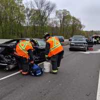 <p>Three people were injured during a three-vehicle crash on the Merritt Parkway.</p>