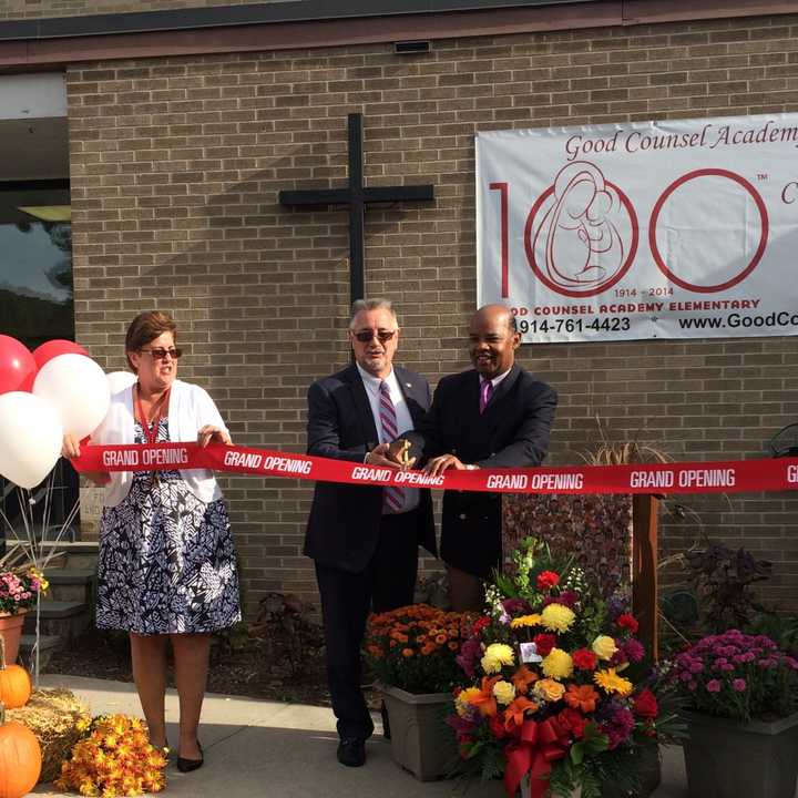 Good Counsel Academy Elementary School Principal Pam Mattot, MOunt Pleasant Supervisor Carl Fugenzi and Frank Williams, chairman of GCA&#x27;s Board of Trustees, at Monday&#x27;s ribbon-cutting ceremony in Valhalla.