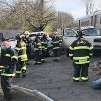 <p>The SUV was struck by the train in River Edge near the Hackensack border.</p>