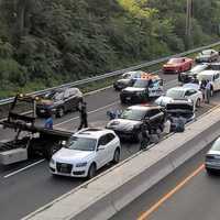 <p>Aftermath of the 6-vehicle pileup on southbound Route 208 in Hawthorne.</p>