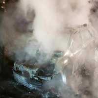 <p>A car burst into flames after the driver lost control and struck a utility pole.</p>