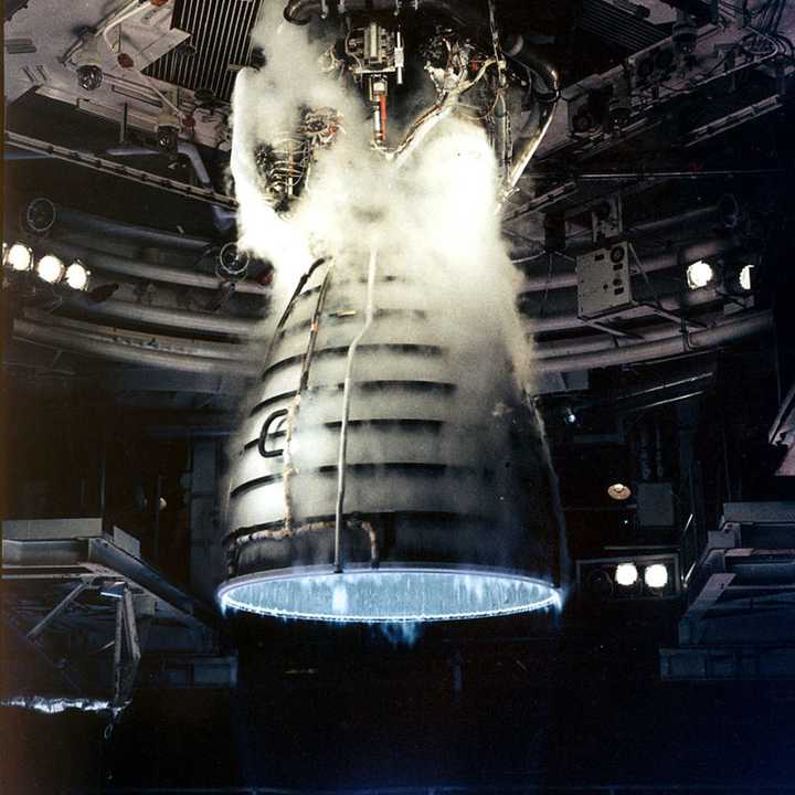 A remote camera captures a close-up view of a Space Shuttle Main Engine during a test firing at the John C. Stennis Space Center in Hancock County, Mississippi.