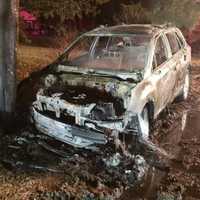 <p>A car burst into flames after the driver lost control and struck a utility pole.</p>