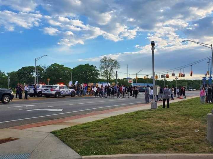 Protesters in Shirley chanting over George Floyd&#x27;s death in Minneapolis.