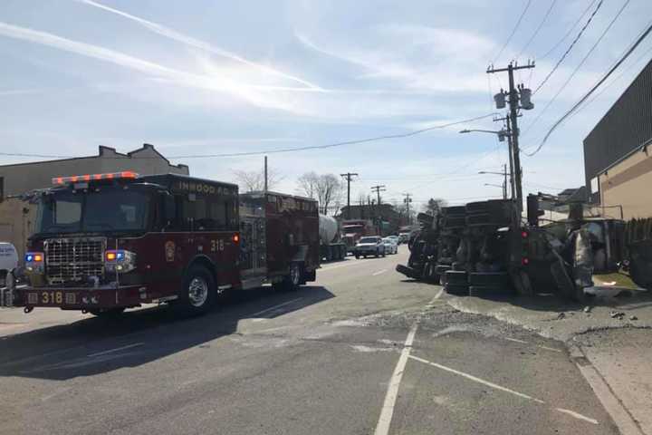 Truck Overturns, Dumps Cement On Long Island Roadway