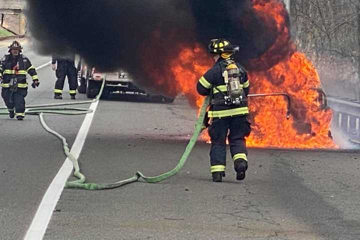 Flames Devour Car At Northern End Of Garden State Parkway