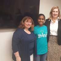 <p>Jothi Ramaswamy, the 14-year-old founder of ThinkSTEAM, middle, with Tierney Saccavino of Acorda Therapeutics, and Patricia Viggiano of Lakeland High School.</p>