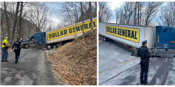 The tractor-trailer as it attempts to turn around.