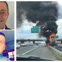 <p>Jordan Reed, top left, and Daniel O&#x27;Beirne jumped into action to save a truck driver whose body became engulfed in flames in an NJ Turnpike crash Oct. 5.</p>