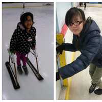 <p>Kateri Sullivan, 13, struggled to make her way around the rink at  Fritz Dietl in Westwood after officials barred her adaptive walker from the ice. Left: Kateri uses her adaptive walker at a different rink.</p>