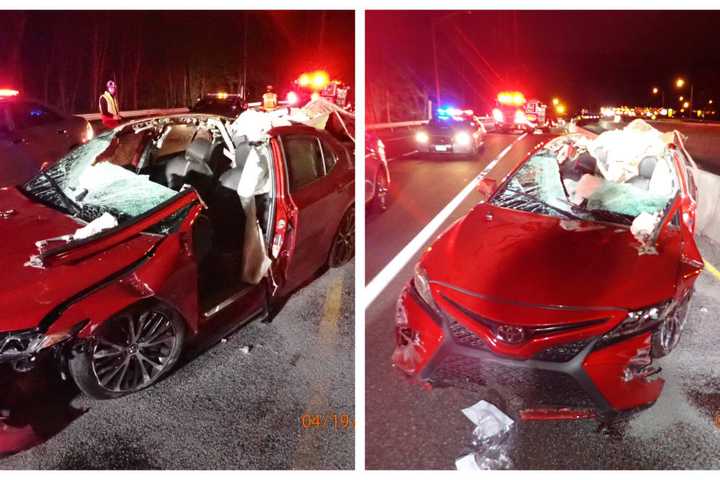 Man Cut Out Of Car After Flying Object Causes Crash On I-95 In Westport